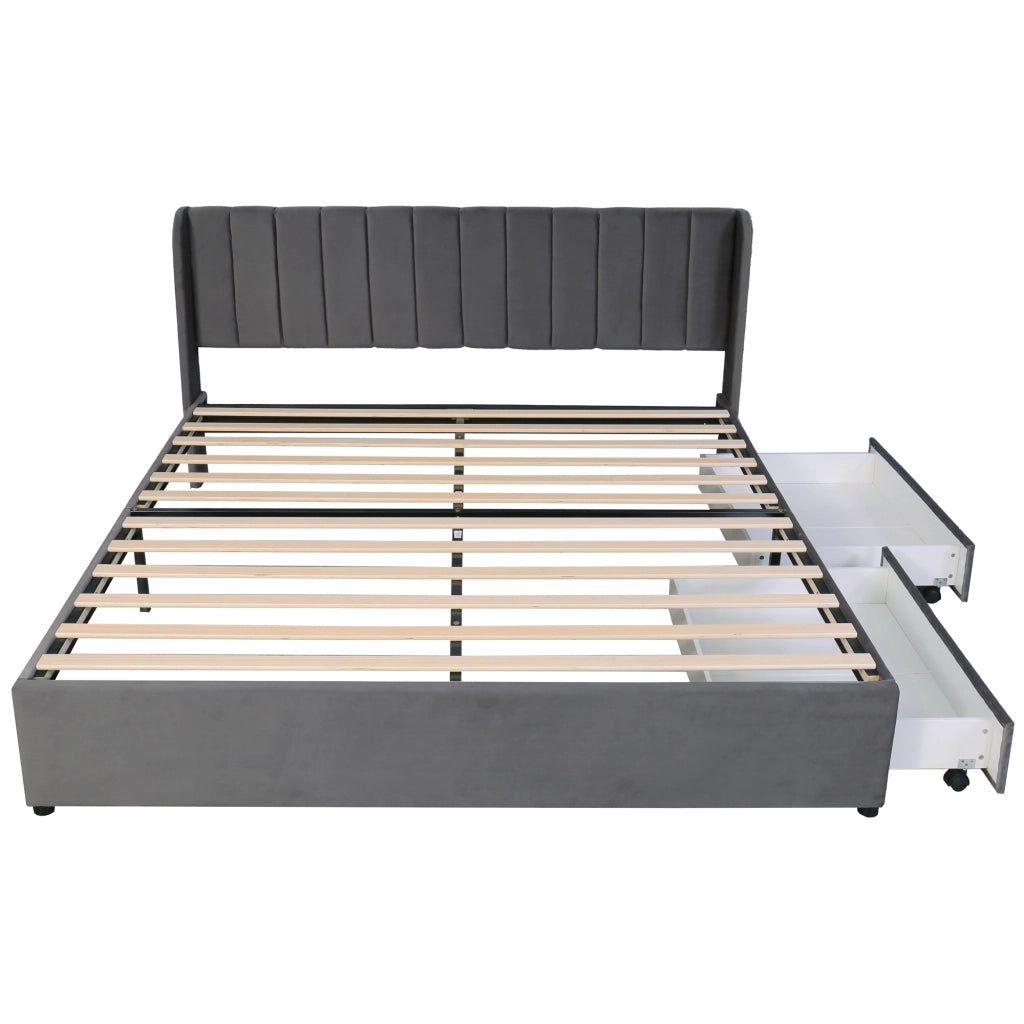 OKWISH Letto con Cassetti 180×200 cm, Letto Matrimoniale con 2 Cassetti e Testiera Alta, senza Materasso, in Velluto, Grigio