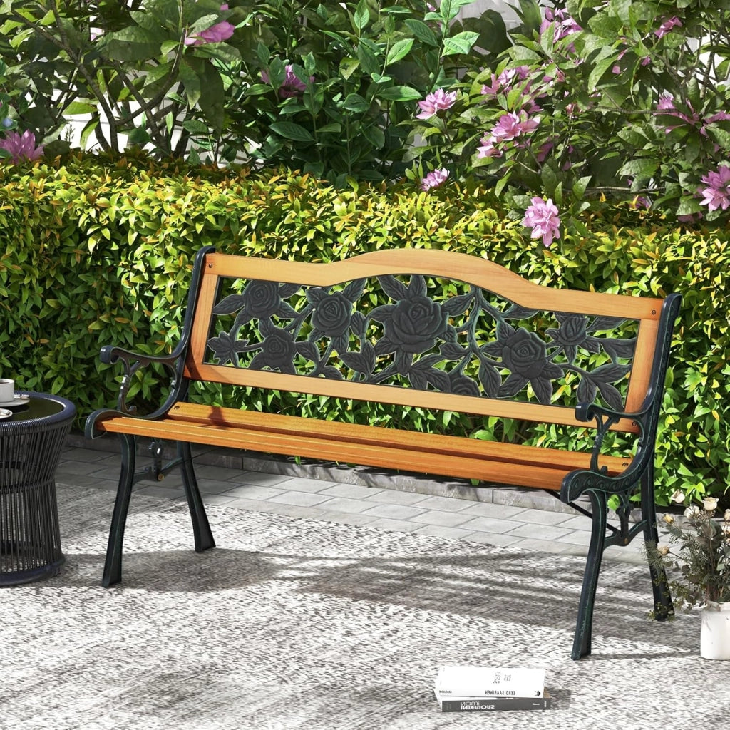Panca da giardino a 2 posti, panca da parco in legno di pino, sedia da parco con schienale, carico di 210 kg, telaio in metallo, per balcone, terrazza (modello 3, 126 x 52 x 77 cm)