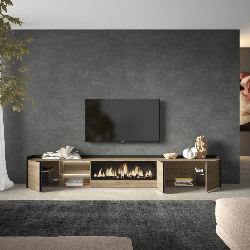 Mobile TV Soggiorno, 315x50x35 cm, Per TV fino a 80", Camino elettrico XXL, LED, Rovere e nero