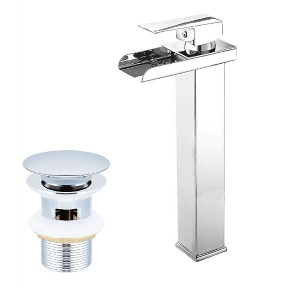 Trade Shop - Rubinetto Miscelatore Per Lavabo Bagno A Cascata Con Piletta Acciaio Cromato 87397 -