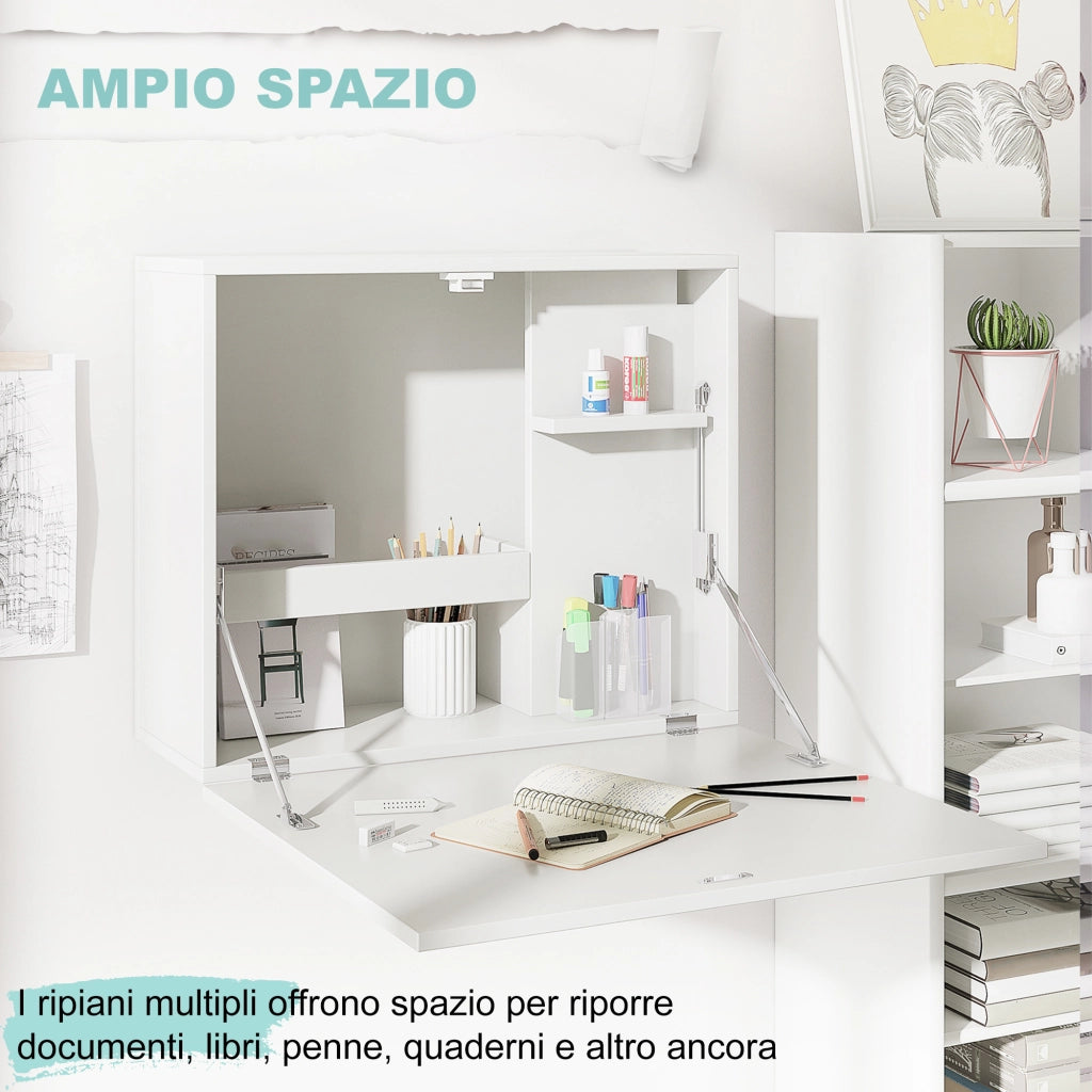 Scrivania a Muro Pieghevole e Salvaspazio con Ripiani, per Casa e Ufficio, in Truciolato e MDF, 60x21.5x50 cm, Bianco