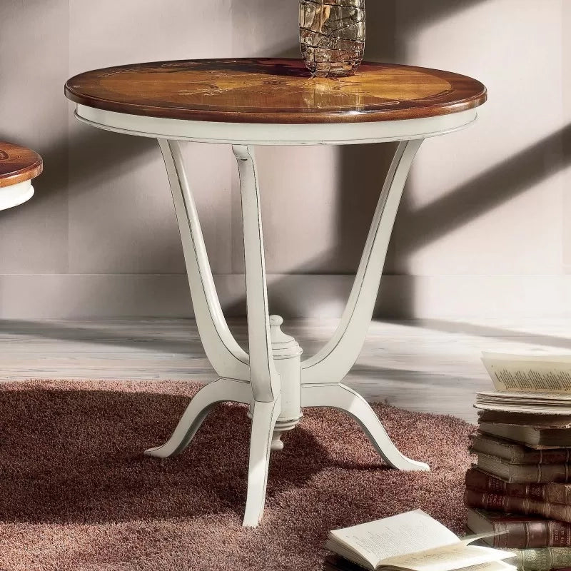 Tavolino rotondo legno intarsiato shabby 80x80x77 - Mobili 2G