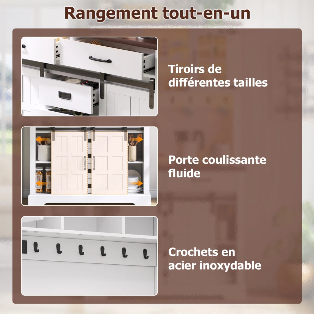 Credenza da cucina con LED; 6 cassetti; ante in vetro e prese; per cucina; bianco; 180 × 108 × 40 cm