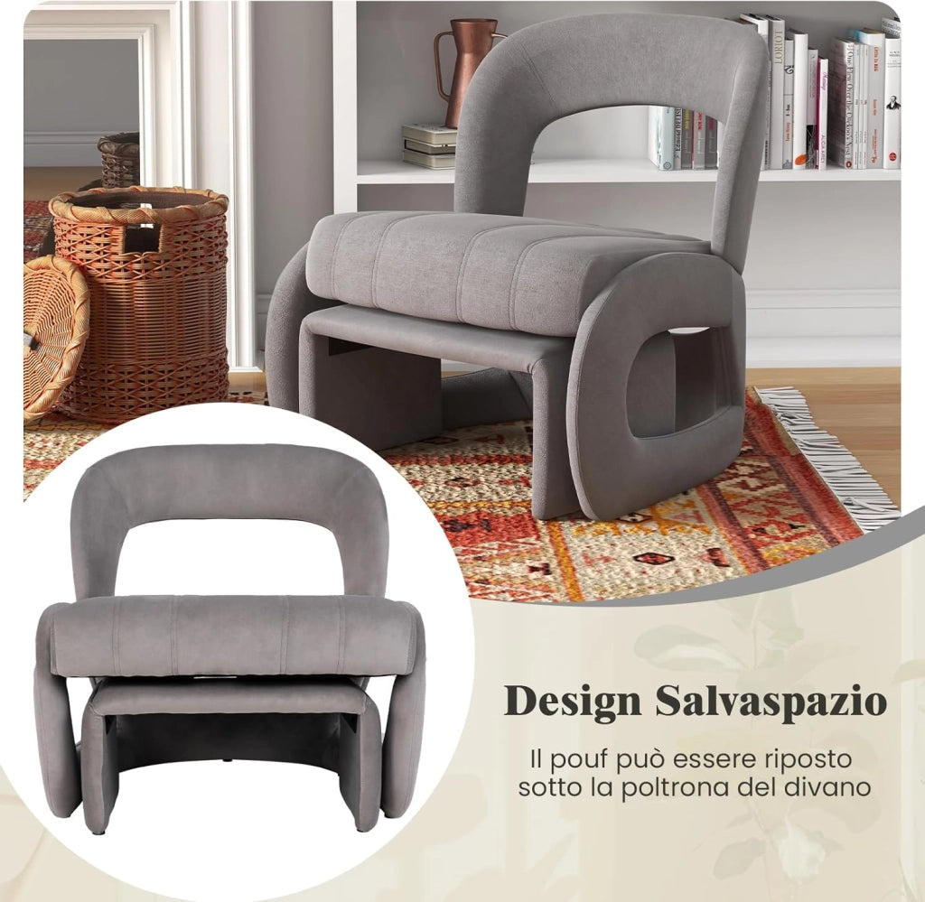 Poltrona con Pouf, Poltrona Relax con Poggiapiedi, Set di Sedia e Pouf Rivestiti in Velluto, con Schienale Curvo Aperto, Sedia da Lettura per Soggiorno, Portata 180 kg