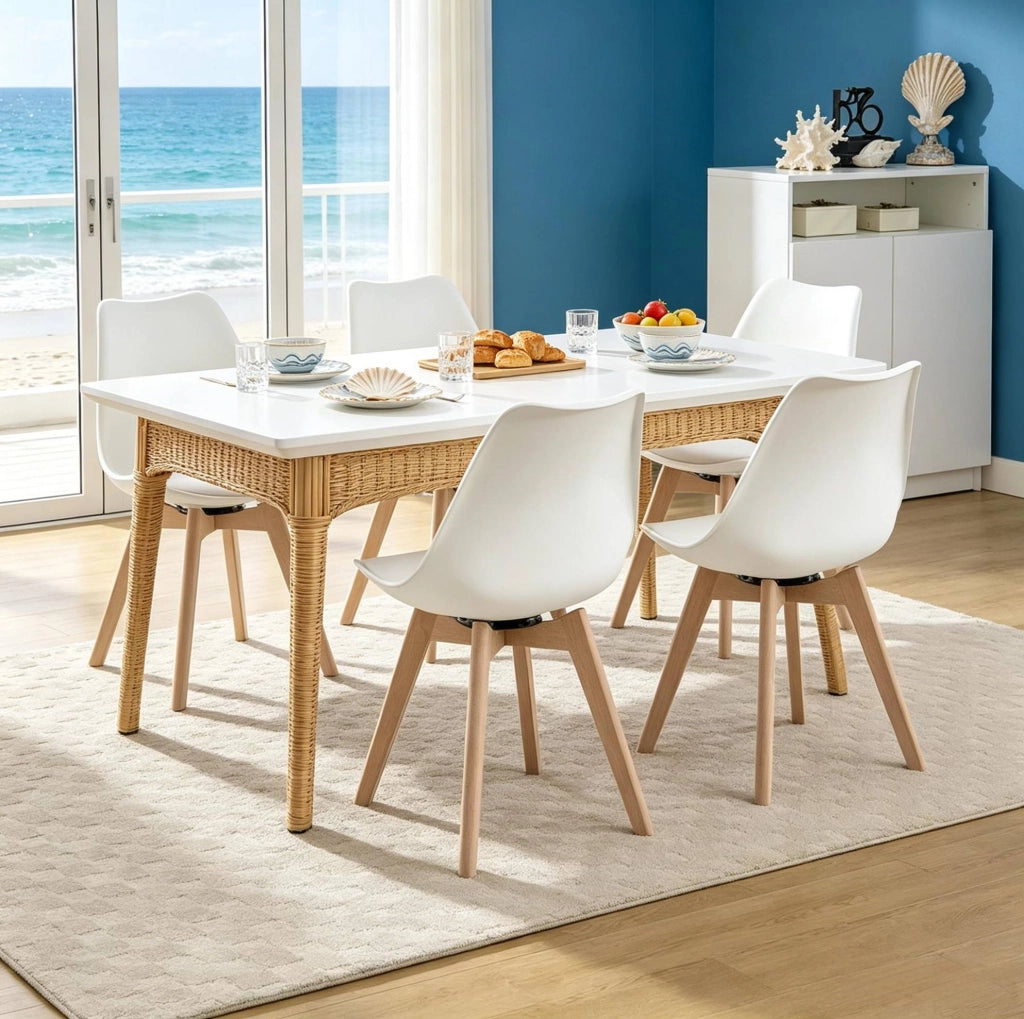 Sedia da pranzo girevole set da 4, bianca, in legno e similpelle, 83 cm