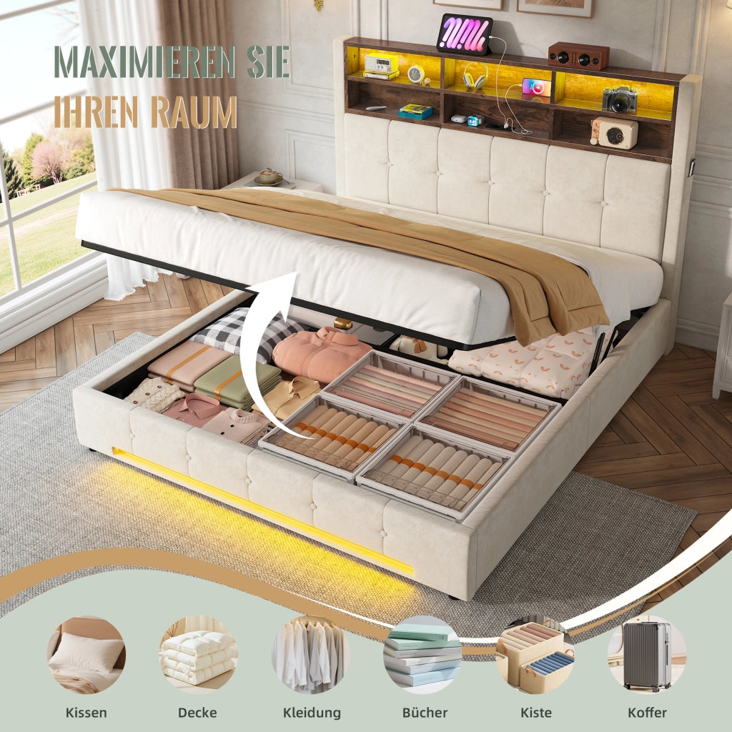 Letto imbottito 160x200 cm idraulico con LED USB colore beige in metallo e velluto