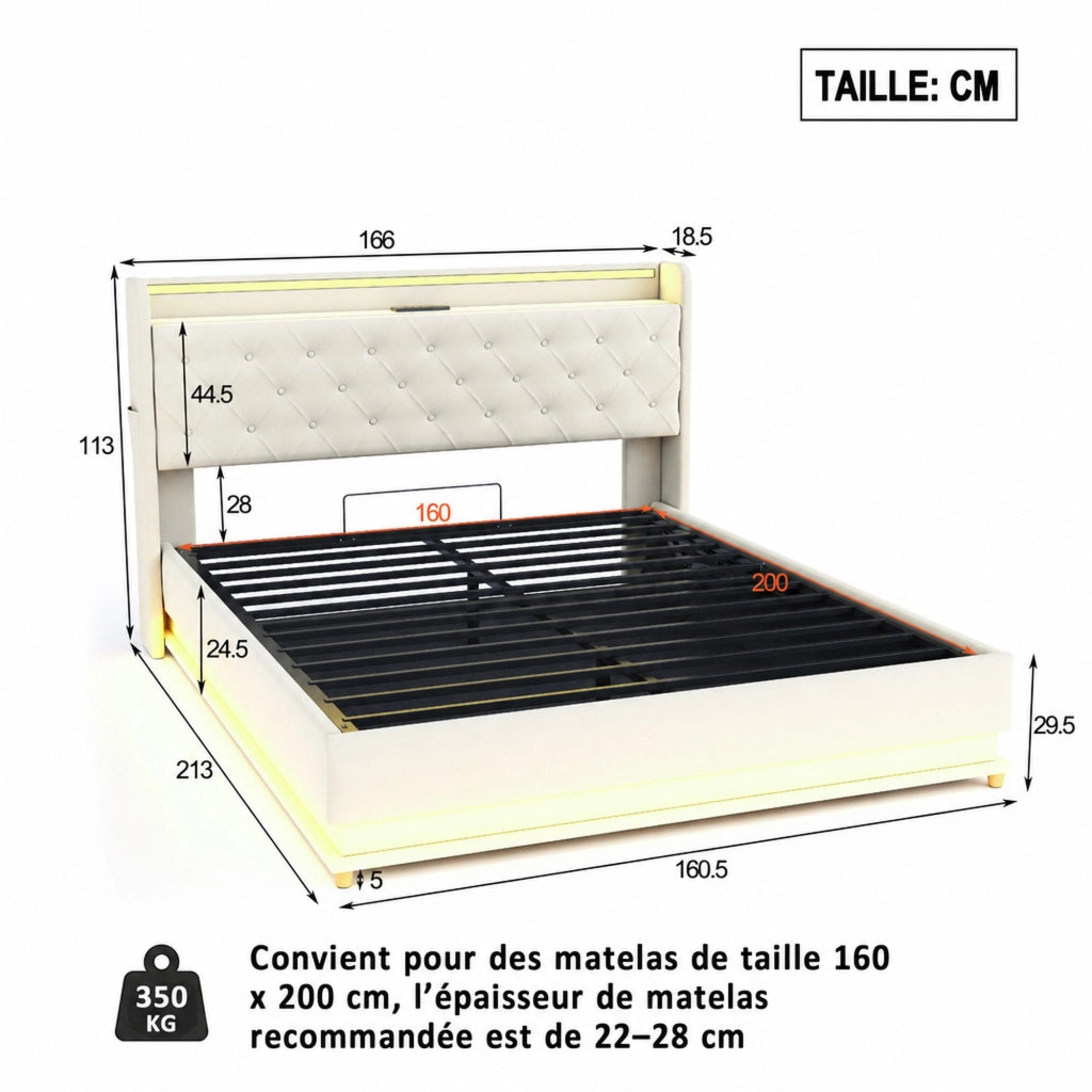 DESMIU Letto contenitore 160 × 200 cm 2 posti con LED, USB e vano idraulico, senza materasso, beige
