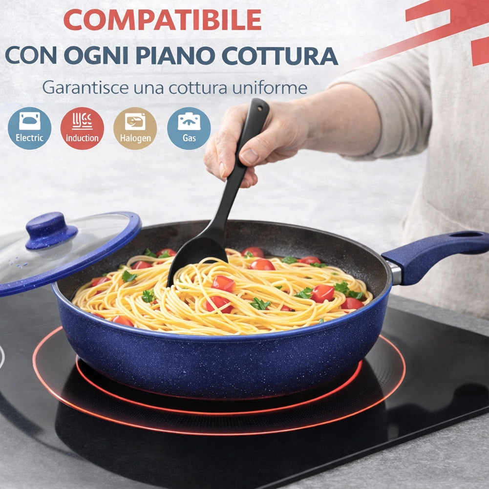 Set 6 Pezzi Padelle in Alluminio Blu con Coperchio per Tutti i Piani Cottura