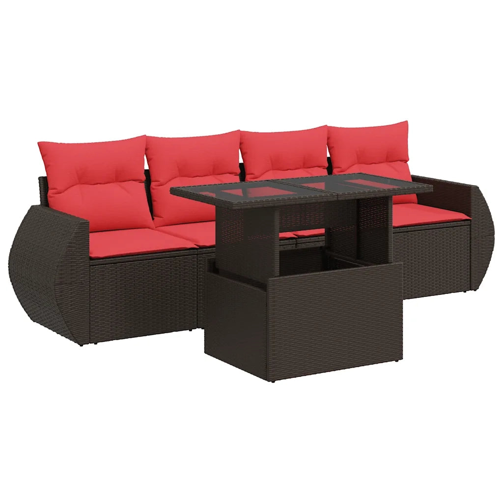 Set Divano da Giardino 5 pz Cuscini Marrone Polyrattan e Acacia