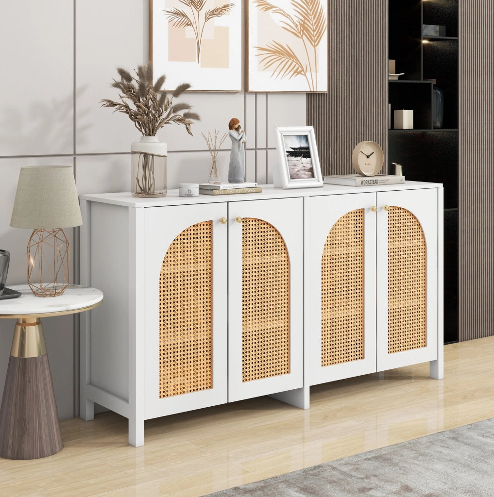 Credenza sideboard a 4 ante in MDF e PE rattan; ripiano regolabile; bianca