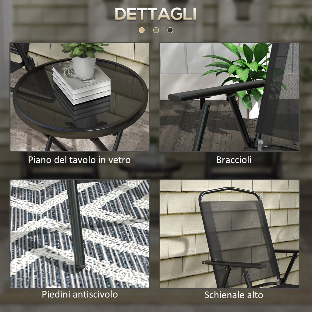 Set da Giardino 3 Pezzi con 2 Sedie 53.5x64x93 cm e Tavolino da Caff¨¨ ?45x50 cm, in Metallo, Nero