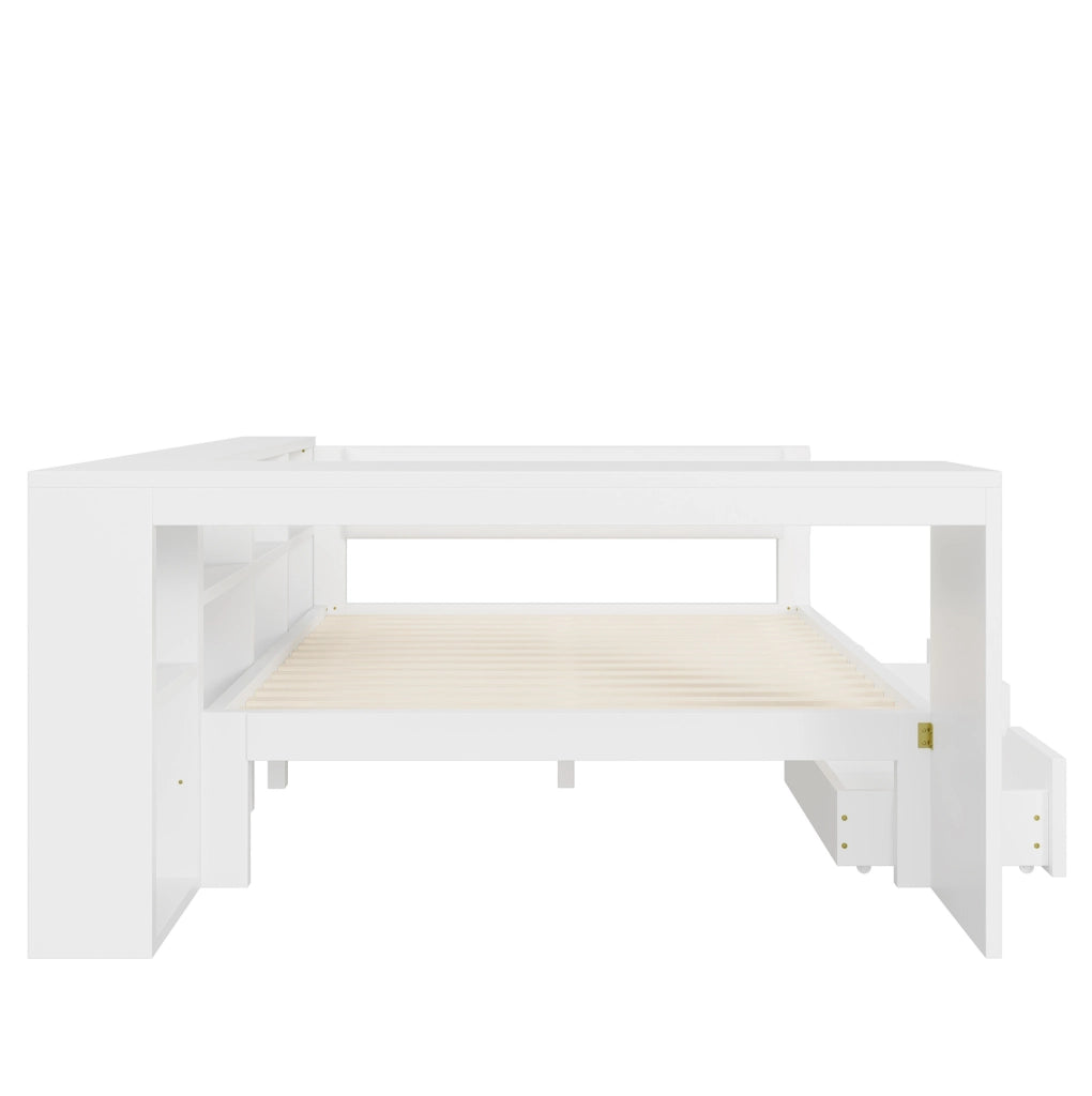 Letto 140x200 cm con contenitore; presa USB e LED in MDF; compensato; lino bianco