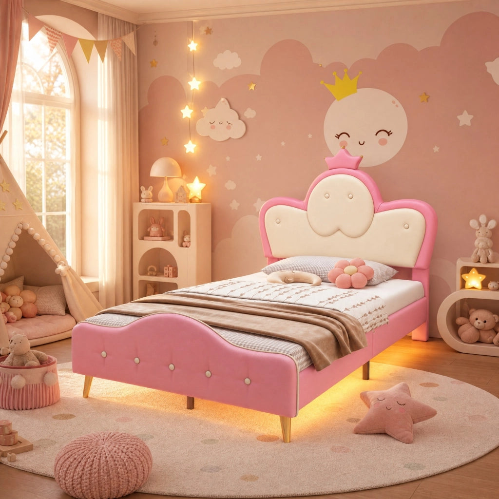 Letto imbottito per bambini con LED e testiera a corona 90x200 cm