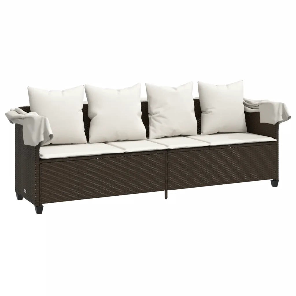 Lettino Prendisole con Baldacchino e Cuscini Marrone Polyrattan 368354