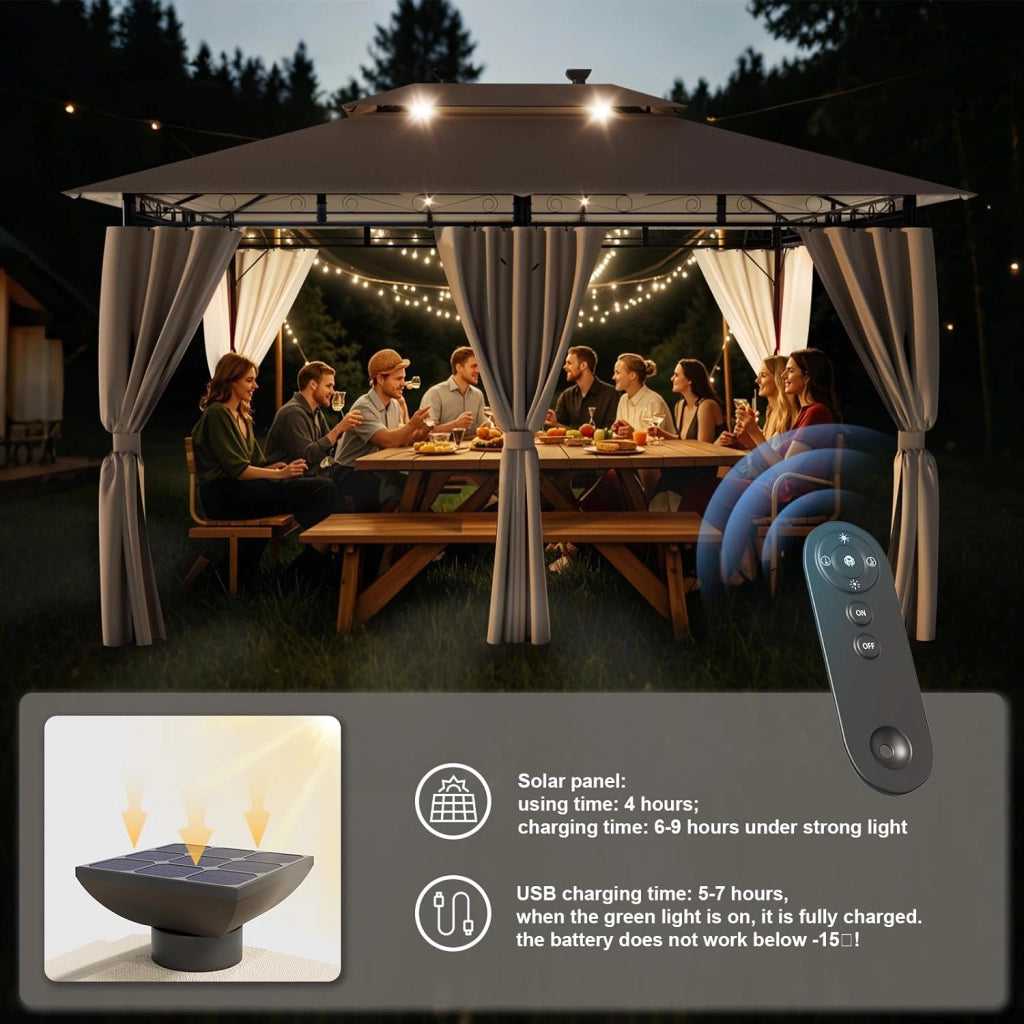 Gazebo Esterno Resistente 3x4m con Luce LED, Gazebo da Giardino Impermeabile Robusto per 6-8 Persone, Doppio Tetto Protezione UV50+, Tenda da Giardino per Famiglie Festival Eventi, Beige