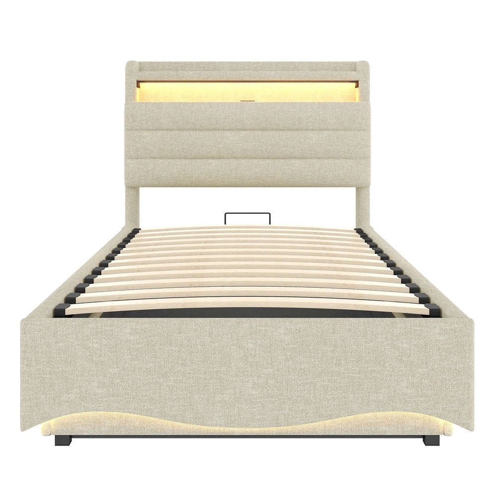 Letto Imbottito con Contenitore ¨C MINIMAL ¨C Tessuto Beige, LED, Idraulico, USB, 90x200