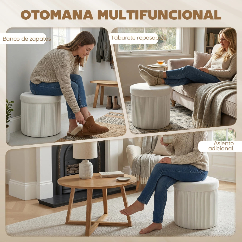 Pouf contenitore pieghevole rotondo ¨C zephmum ¨C velluto crema 38x38x38 cm