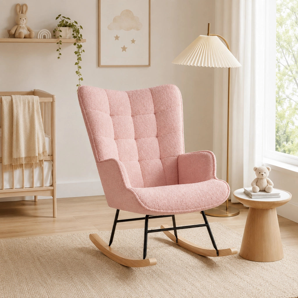 Sedia a dondolo relax poltrona rosa teddy, schienale alto imbottito, base in legno e metallo, ideale per soggiorno e camera da letto