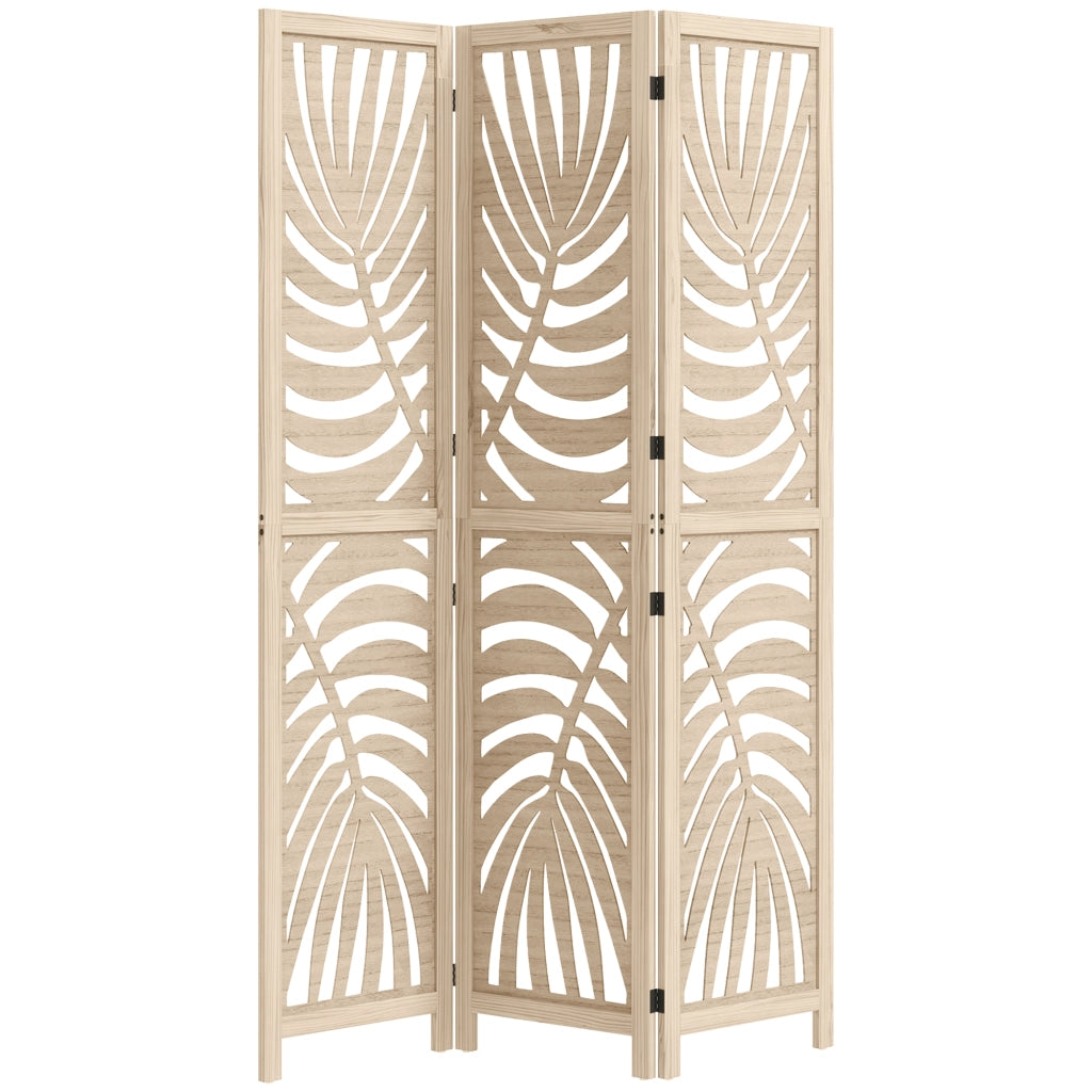 Paravento da Interno a 3 Pannelli Pieghevole e Separabile in Legno, Design a Foglie, 120x170 cm, Colore Legno