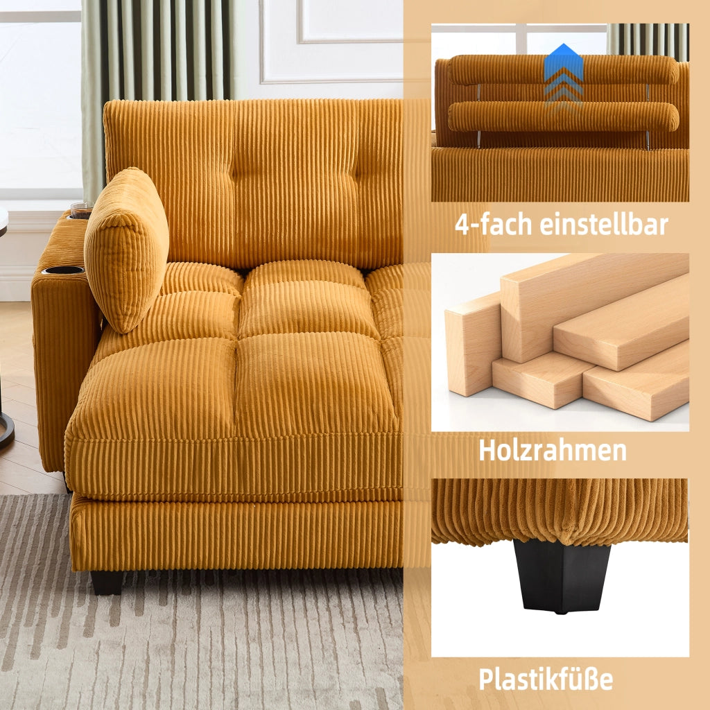 POLTRONA relax 140x112x81 cm in velluto a coste giallo senape con porta bicchieri