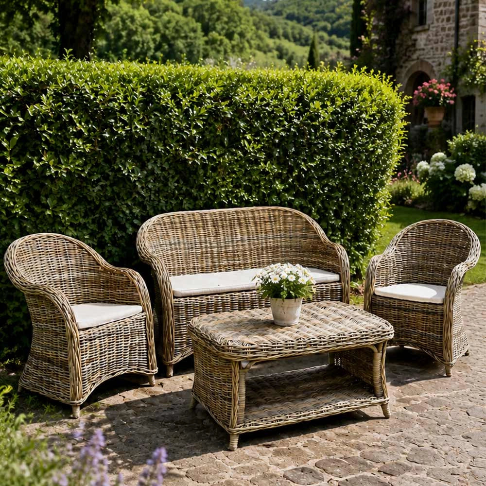 Salotto in rattan grigio intrecciato 1 divanetto 2 poltrone 1 tavolino Roma