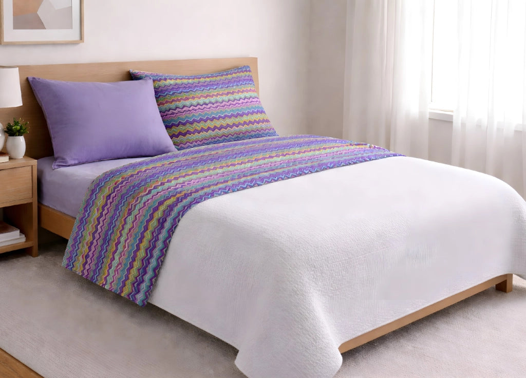 Completo Lenzuola Letto In 100% Cotone Rigato Zig Zag Disegno Baia - Francese - Lilla