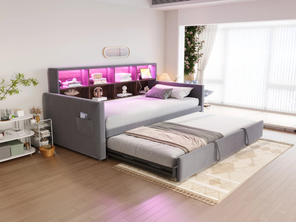 DESMIU Lit divano 90 × 190 cm 1 posto con vano contenitore, LED, USB, Type-C e lit estensibile, senza materasso, grigio