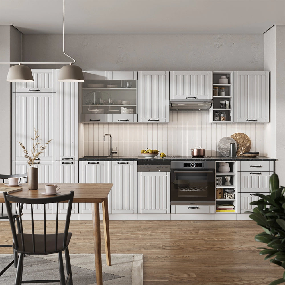 Cucina componibile Fame-Line Bianco rustico/Bianco 355 cm, PL Rovere Vicco