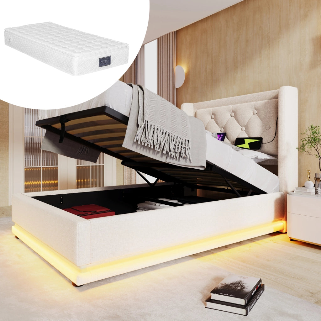 Letto singolo idraulico – 90x200 cm – USBC LED 3 lati con materasso – cotone beige