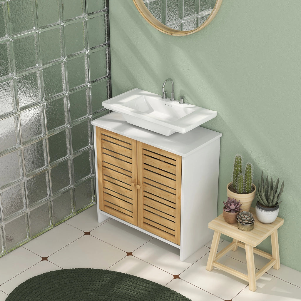 Mobiletto sottolavabo 2 ante ripiano regolabile ¨C zephmum ¨C bianco bamb¨´ 60x30x60 cm