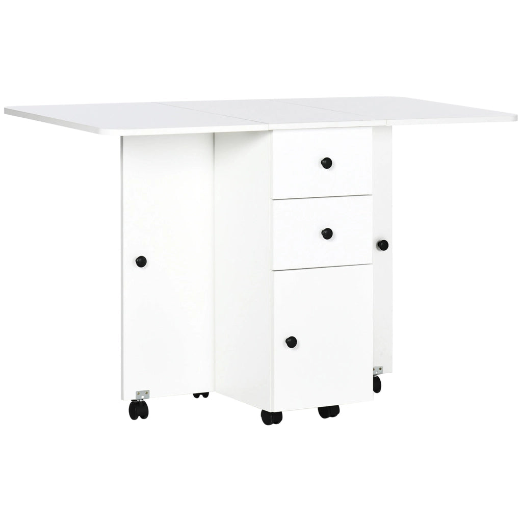 Tavolo a Ribalta per 6 Persone max con 2 Cassetti Armadietto e Ripiano 120x60x76,5 cm in Truciolato Bianco