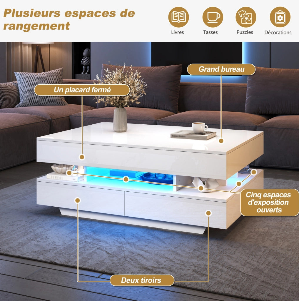 Tavolino da caffè sollevabile con LED e contenitore 100 x 50 x 45 cm; bianco lucido