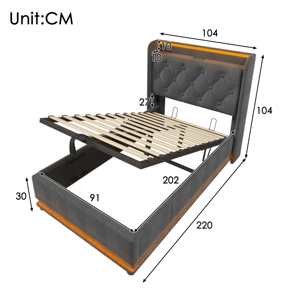 Letto singolo 90x200 cm con LED, contenitore idraulico e testiera con USB Tipo-C