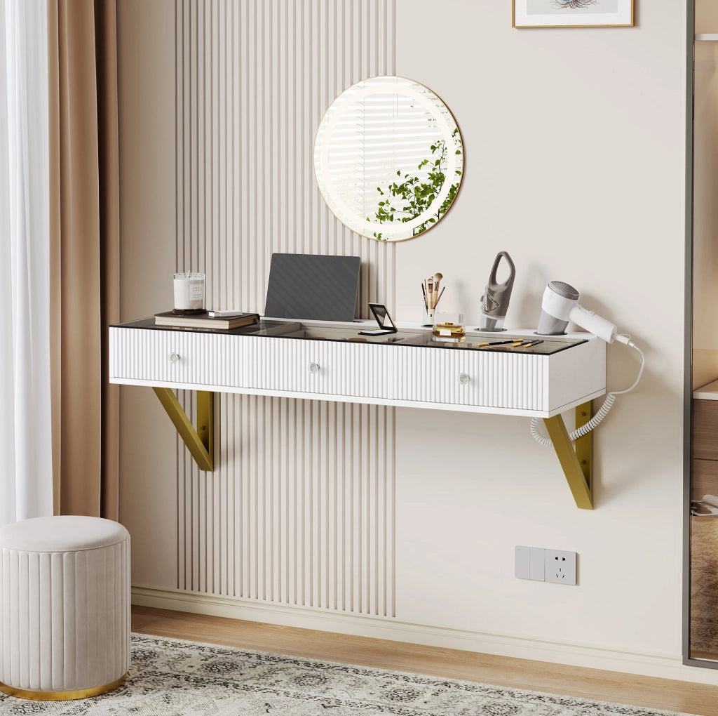 Tavolo da trucco bianco con 3 cassetti e piano in vetro