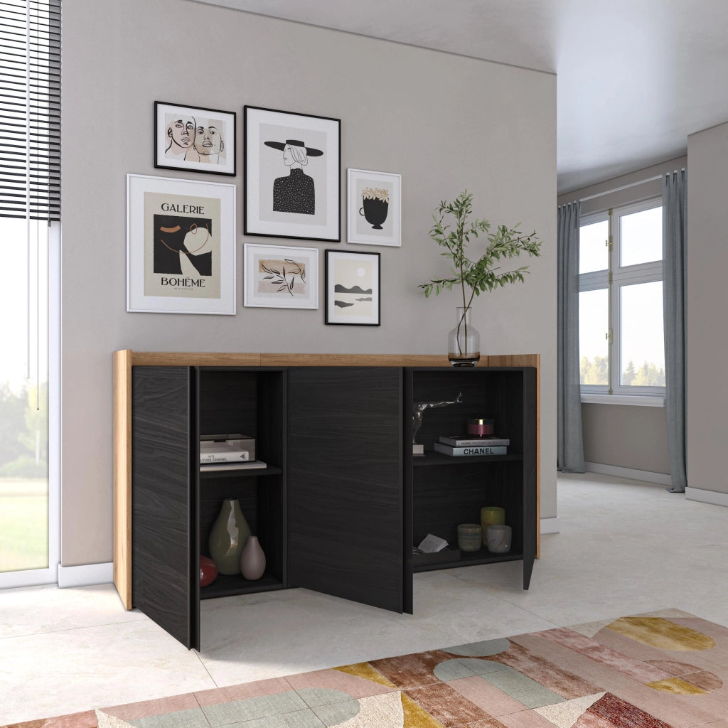 Credenza, Mobile, Cucina, 156x80x35 cm, 3 Porte, grande stoccaggio, Nero e rovere
