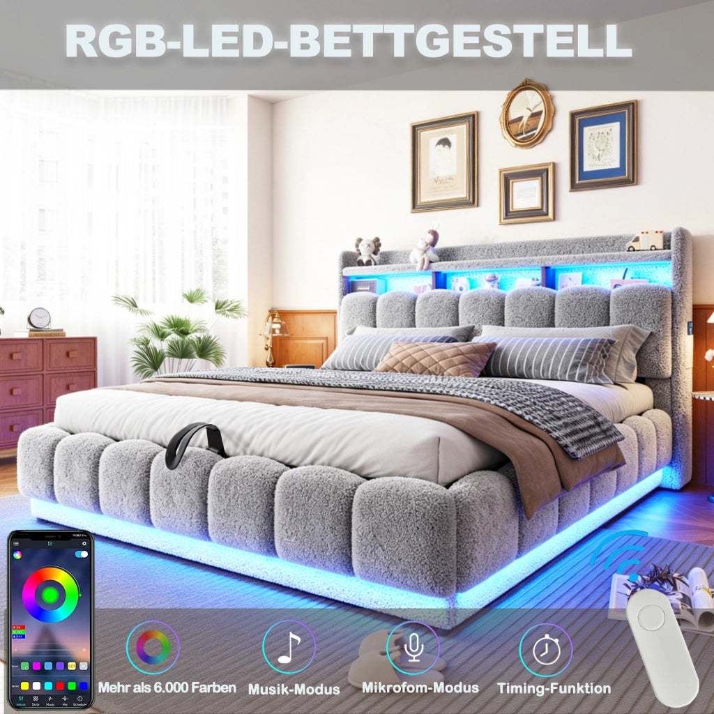 LETTO Contenitore idraulico 180x200 cm in tessuto boucl¨¦ grigio con LED e USB