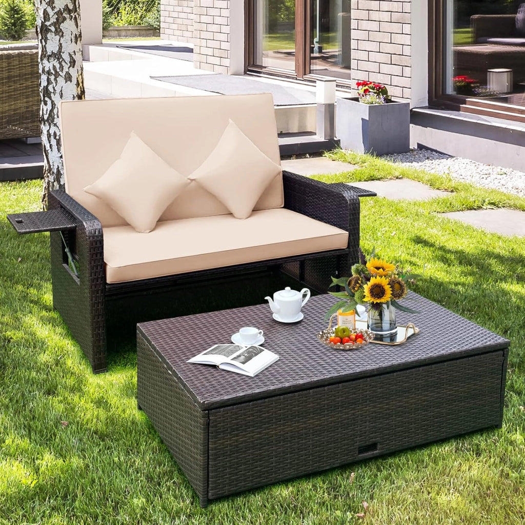 Divano da Giardino in Rattan con Poggiapiedi, Doppio Divano da Esterno con Schienale Regolabile, Mobili da Giardino per Terrazza, Balcone, Cortile, Marrone