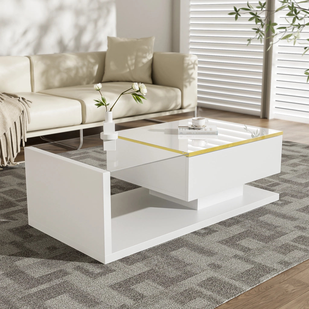 Tavolino da Salotto con Piano in Vetro Temperato e LED Bluetooth 16 Colori; Bianco Lucido; con Ripiani Aperti; Bianco