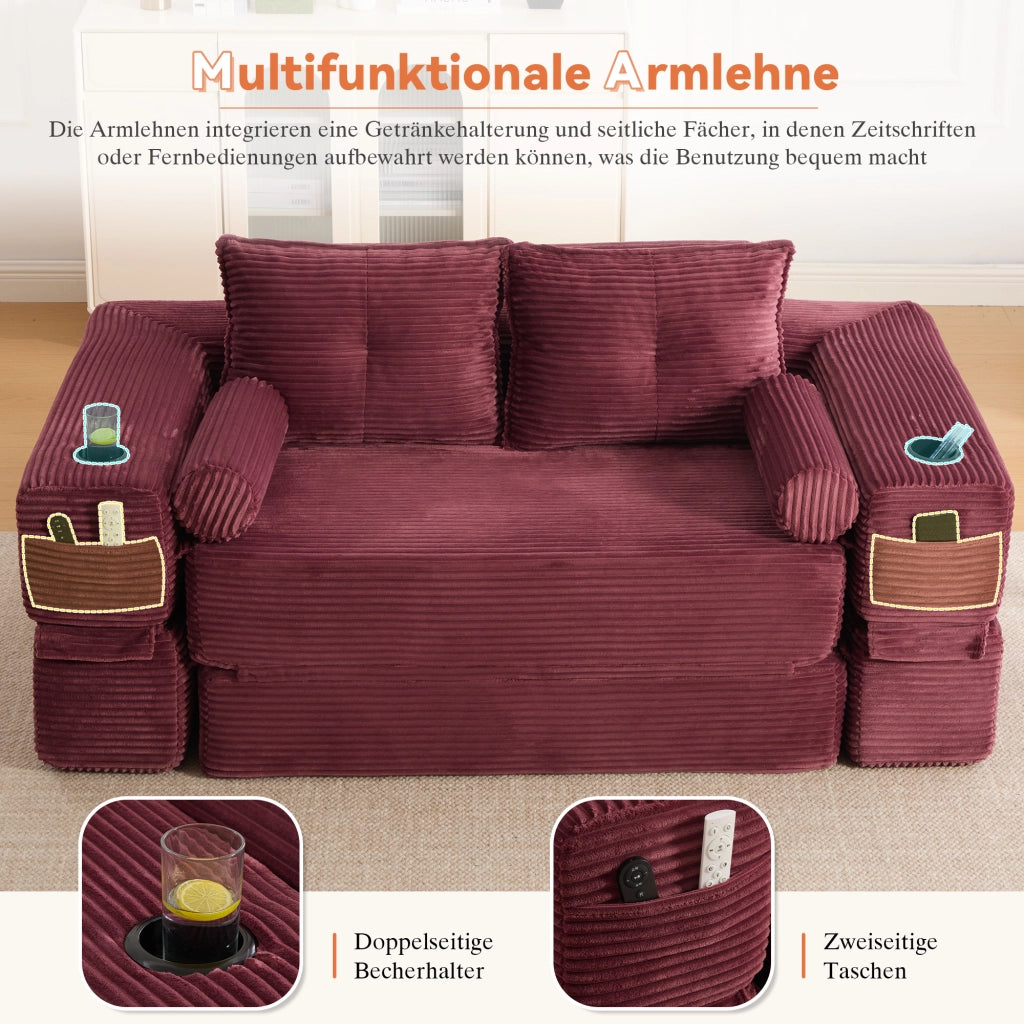 Divano letto in velluto a coste con cuscini memory, tasche laterali e portabicchieri, vino rosso 180 × 98 × 80 cm