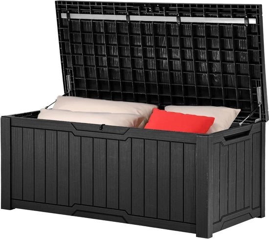 Scatola di stoccaggio per esterno 120 galloni, cassetta di copertura impermeabile per attrezzi da giardino, cuscini di terracotta e accessori per piscina - Chiusura ermetica, montaggio facile, multifunzionale - Nero