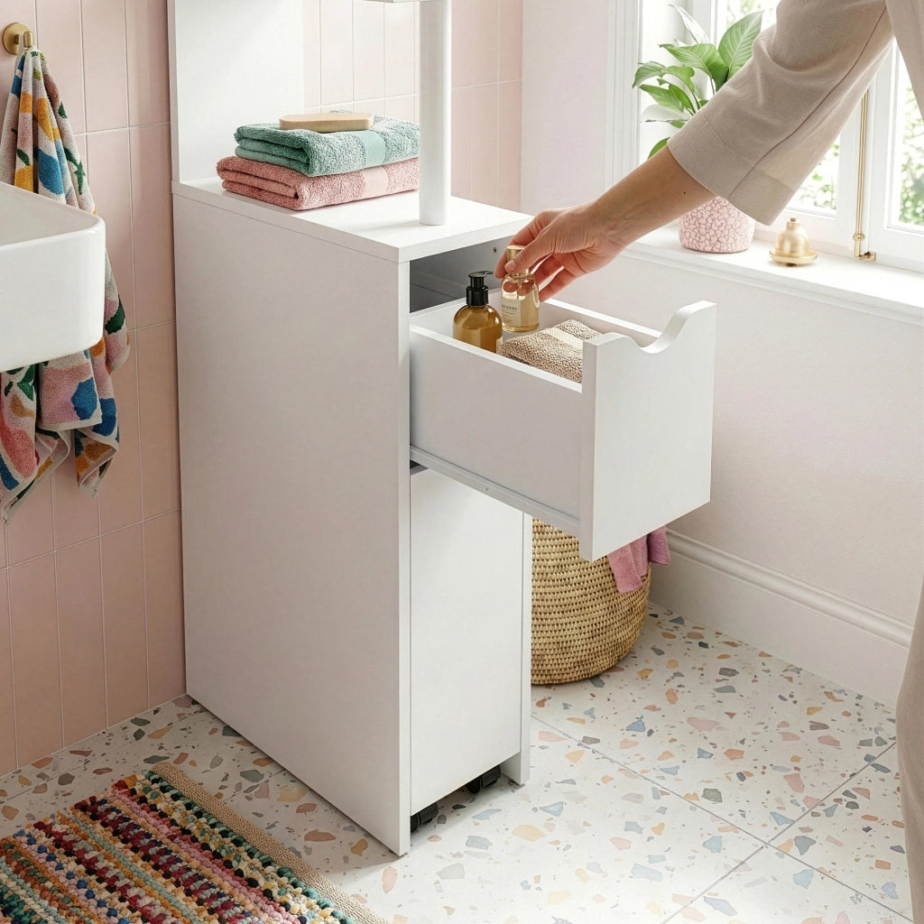 Scaffale da Bagno Fadeskimma Mobile Contenitore con Ripiani Cassetto e Scomparto Estraibile 113 x 19 x 45 cm - Bianco [en.casa]
