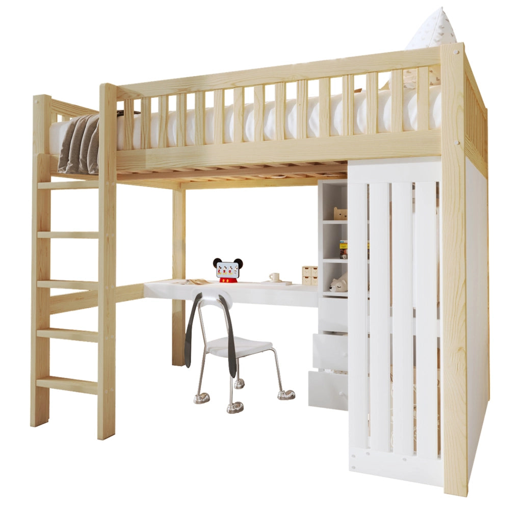 Letto a castello naturale in pino con scrivania armadio e 3 cassetti 140x200 cm