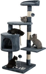 Cat Tower - Altezza 112 cm - Con 2 Palle di Piuma e Bastone di Gioco - Bastone di Sisal - Posto di Riposo Comodo e Hol - Adatto per Gatti Piccoli e Grandi - Grigio