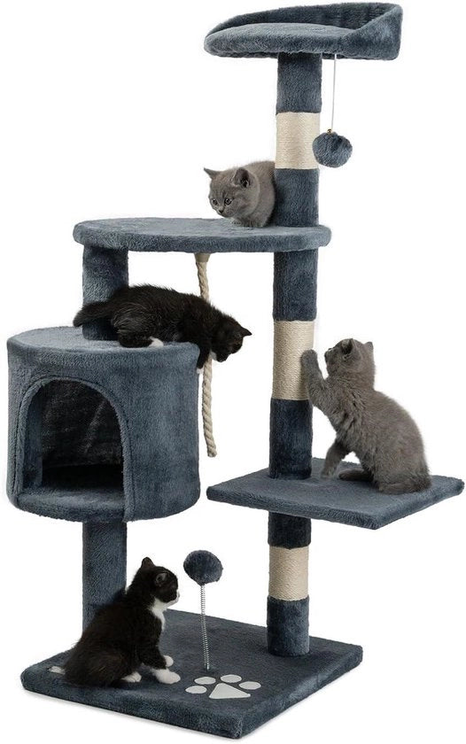 Cat Tower - Altezza 112 cm - Con 2 Palle di Piuma e Bastone di Gioco - Bastone di Sisal - Posto di Riposo Comodo e Hol - Adatto per Gatti Piccoli e Grandi - Grigio