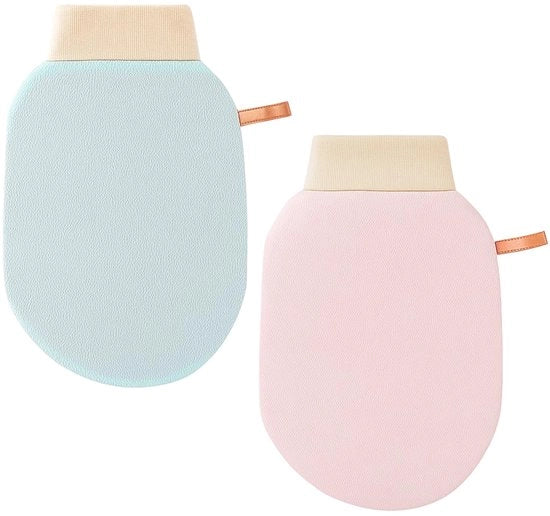 2 x Manicure per esfoliazione - Guanti per doccia per esfoliazione e rimozione delle cellule epidermiche morte - Pennello esfoliante, progettazione ergonomico per tutti i tipi di mano - Manicure massaggianti rosa chiaro + verde chiaro