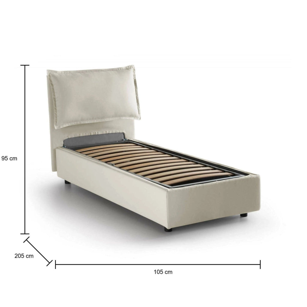Letto singolo Aigor, Letto contenitore con rivestimento in tessuto, Made in Italy, Apertura frontale, adatto per materasso cm 90x190, Beige