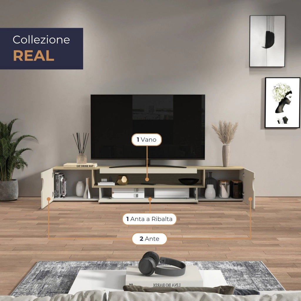 WHOUS Mobile porta TV Real con 2 ante laterali 1 ribalta e 1 vano aperto cashmere e rovere chiaro 240x40x40 cm