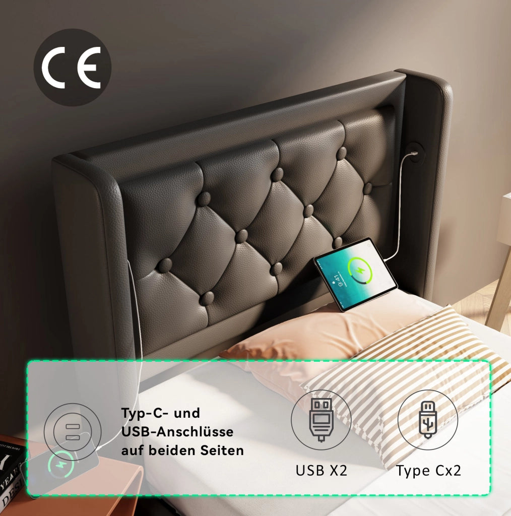 Letto singolo contenitore 90x200 cm nero PU con LED e USB-C