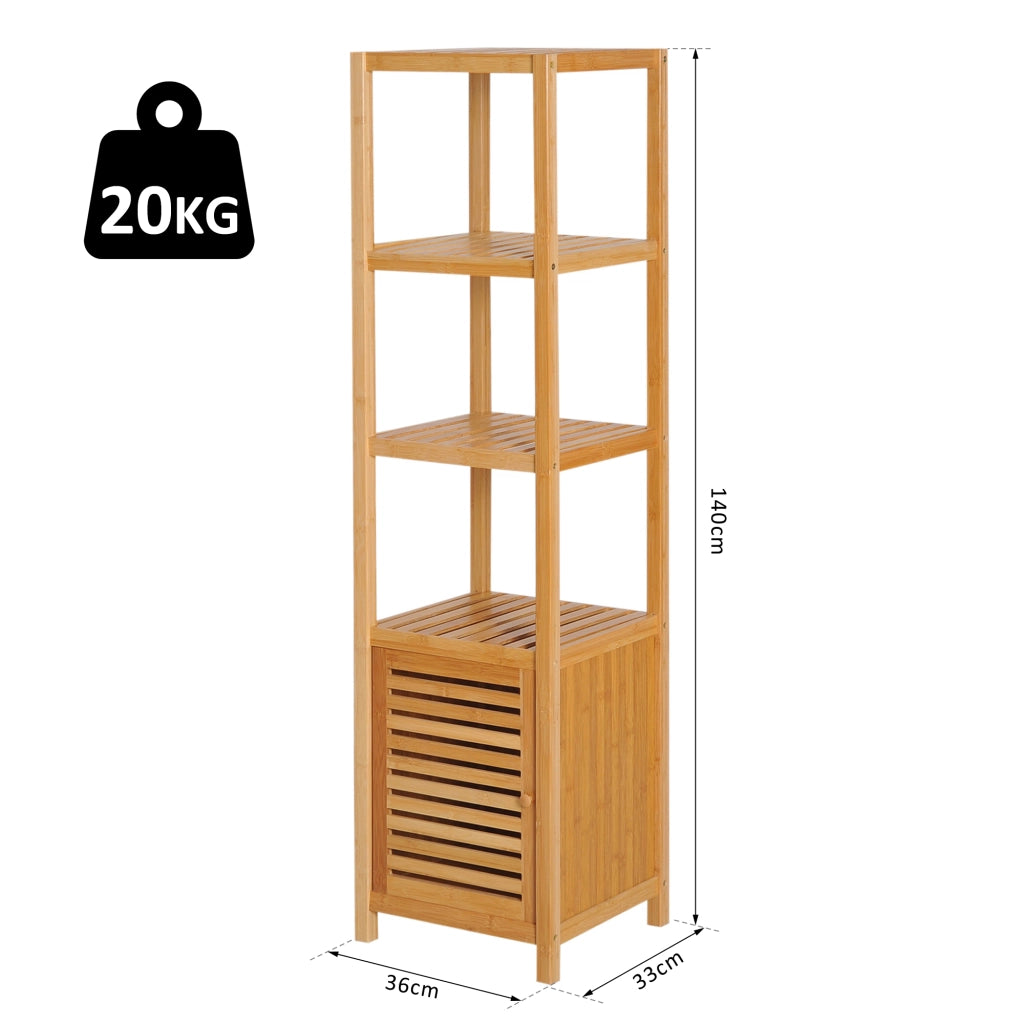 Mobile bagno in bambù con 3 ripiani aperti e vano chiuso, colore naturale, 36x33x140 cm