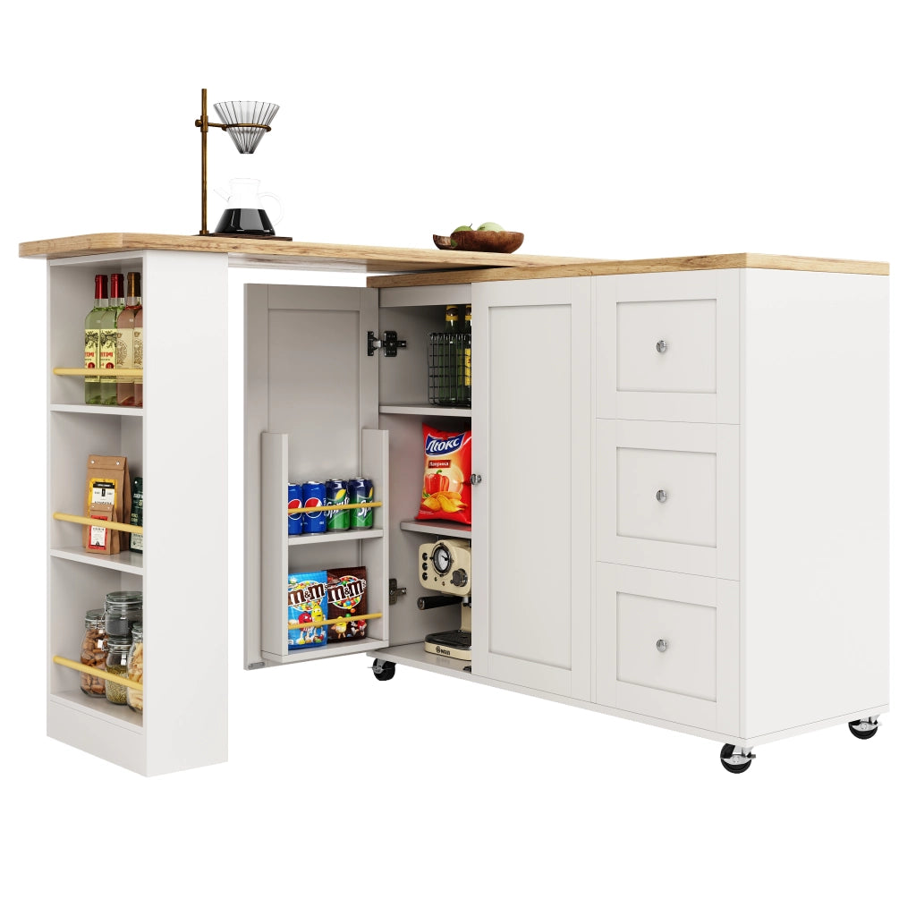 OKWISH Carrello da Cucina con 2 Ante e 3 Cassetti, 3 Ripiani, Rotazione a 360° e Ruote, MDF, Bianco